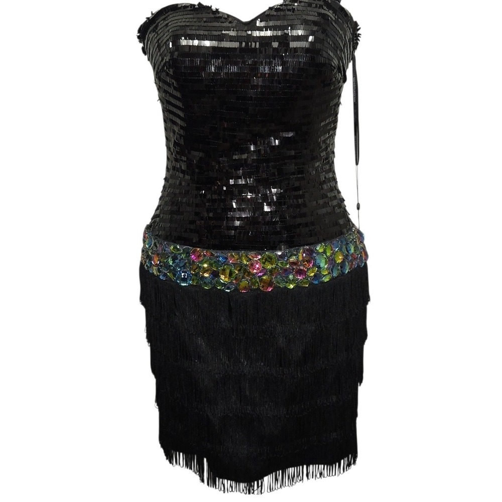 Alyce Paris Claudine 2233‎ Black Sequin Fringe Jewel Strapless Mini Dress 2 NEW